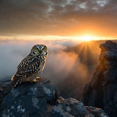 Burrowing Owl on Cliff at Sunset