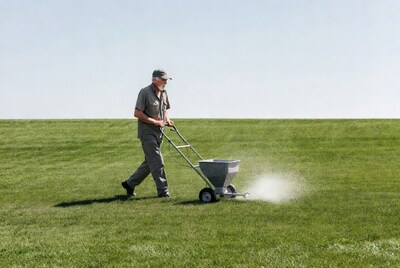 Man spreading fertilizer on grass