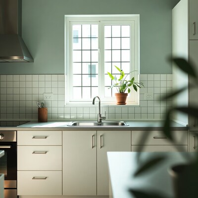 Modern Kitchen with Sink and Window Plant
