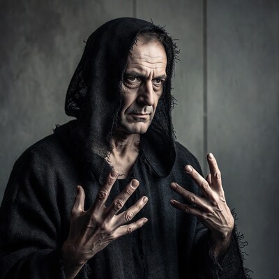 Old man in tattered black hood