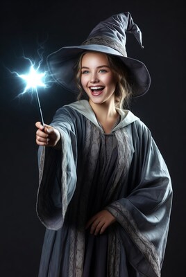 Young woman casting spell with wand