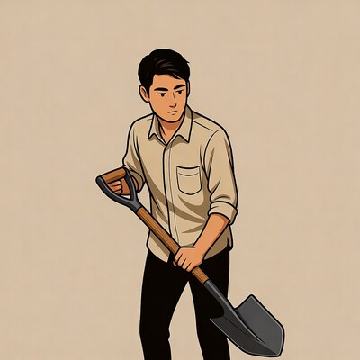 Asian man holding shovel