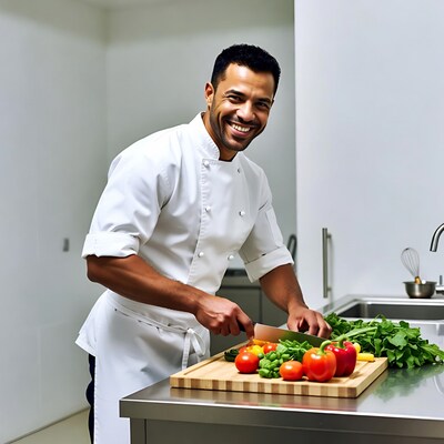 Smiling Black chef chopping vegetables