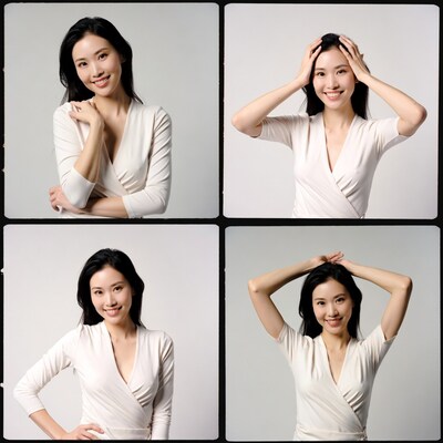 Asian woman smiling in white dress poses