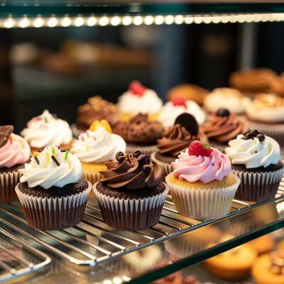 Colorful Cupcakes in Glass Display Case