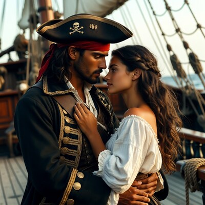 Pirate man embracing woman on ship