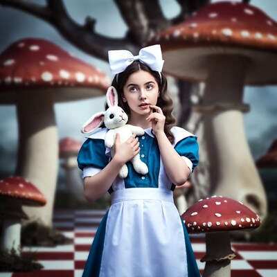 Girl as Alice holding white rabbit