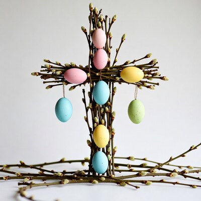 Easter Cross with Colored Eggs and Twigs