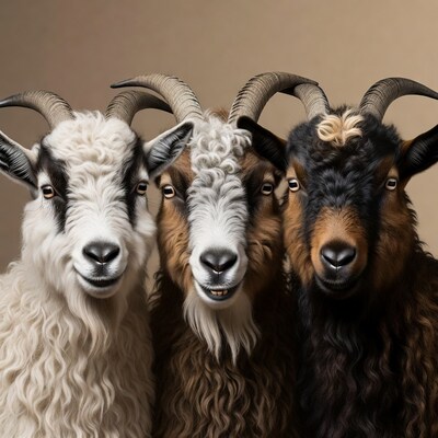 Three goats smiling on beige background