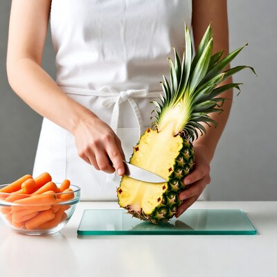 Woman cutting pineapple with knife