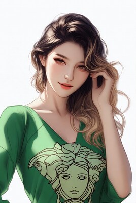 Asian woman in green Versace shirt