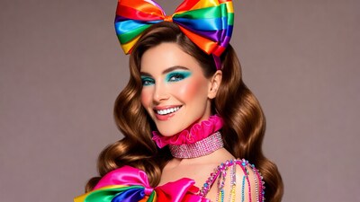 Woman with giant rainbow bow
