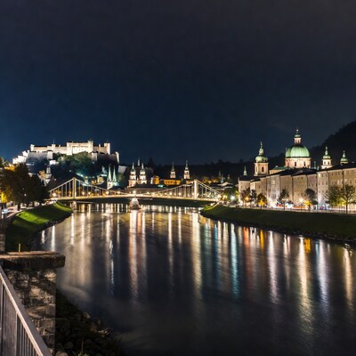 Salzburg Night View with Fortress and River