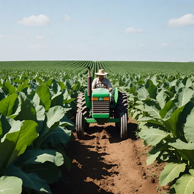 Farmer driving tractor in tobacco field