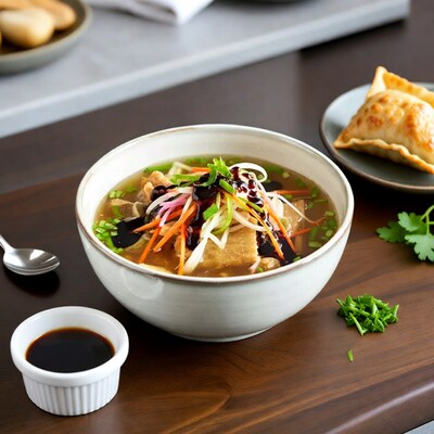 Pho Soup with Samosa and Soy Sauce