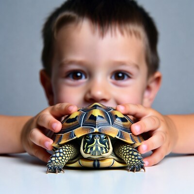 Boy holding ornate turtle