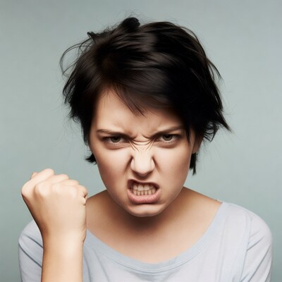 Angry woman clenching fist