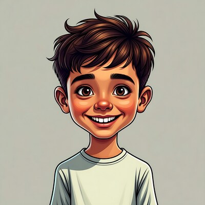 Smiling cartoon boy with brown hair
