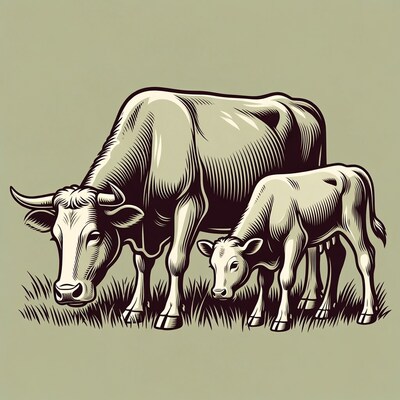 Cow nursing calf illustration