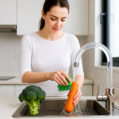 Woman washing carrot with brush