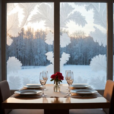 Table with wine glasses and roses by frosty window