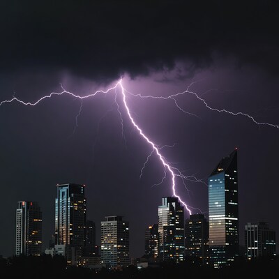 Lightning Storm Over City Skyline