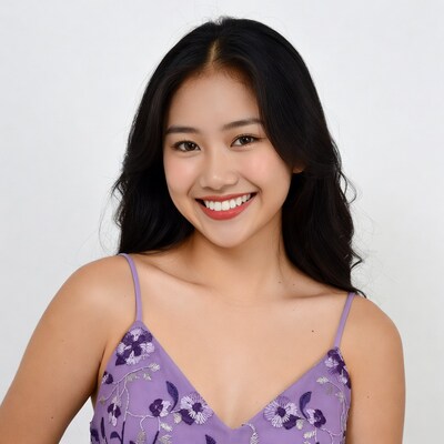 Asian woman smiling in purple dress