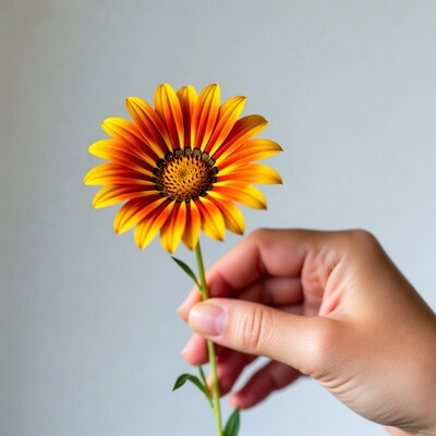 Hand holding orange gerbera daisy