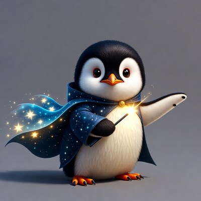 Cute penguin wizard casting spell
