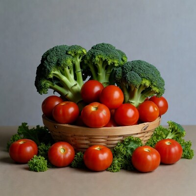 Broccoli and Tomatoes in Wicker Basket