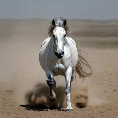 White horse galloping in desert