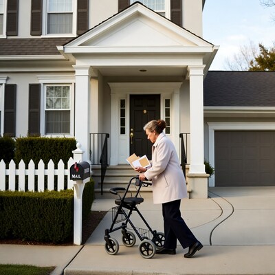 Elderly woman reading mail walker