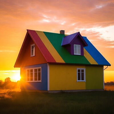 Colorful Rainbow House at Sunset