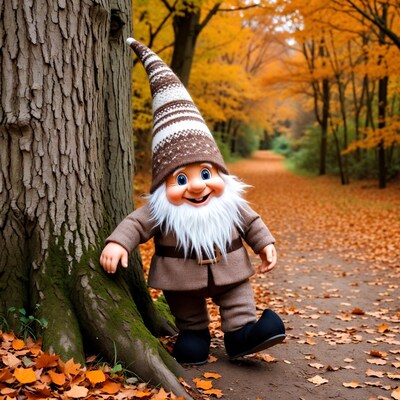 Garden Gnome by Tree in Autumn Forest