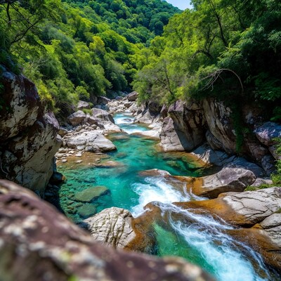 Turquoise River in Lush Forest Canyon