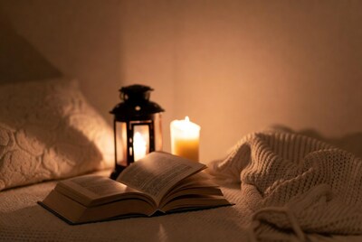Open book with lantern candle on bed