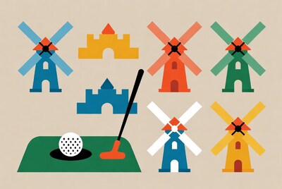 Colorful Windmills and Golf Tee Illustration