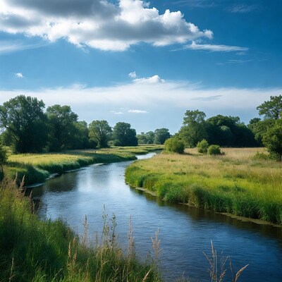 River winding through green meadows