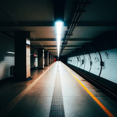 Empty subway platform with bright lights