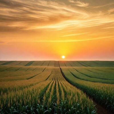 Sunset over corn fields