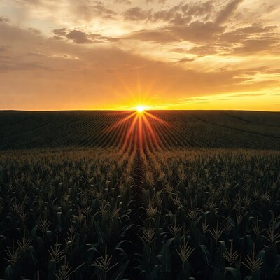 Sunrise Over Cornfield Rows