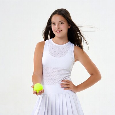 Girl holding tennis ball in white uniform