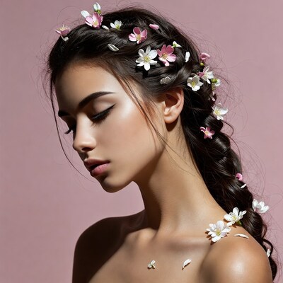 Woman with flowers in braided hair
