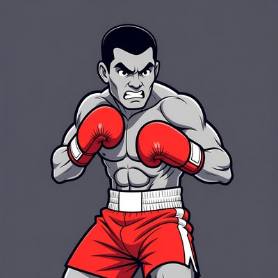 Muscular Black Boxer in Fighting Stance