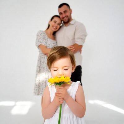 Toddler girl smelling yellow daisy with parents blurred behind