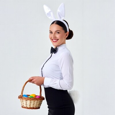 Woman in bunny costume holding Easter basket