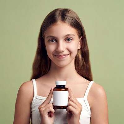 Girl holding supplement bottle