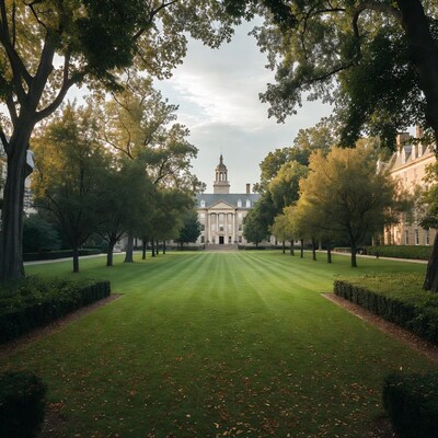 Colonial Building Framed by Autumn Trees