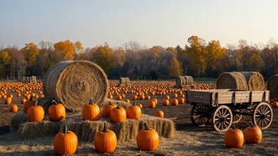 Pumpkin Patch with Hay Bales and Wagon