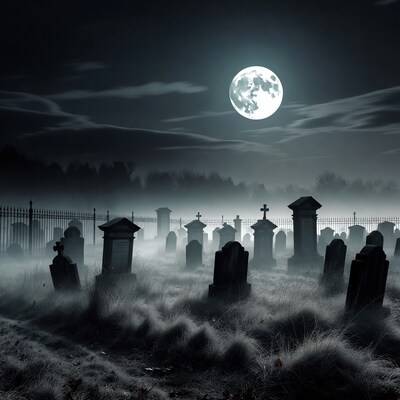 Moonlit Foggy Cemetery at Night